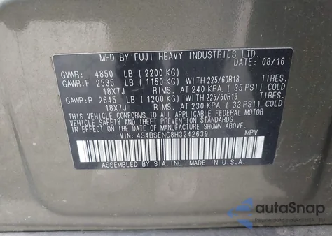 2017 Subaru Outback 3.6R Limited from USA, damaged, VIN 4S4BSENC8H3242639